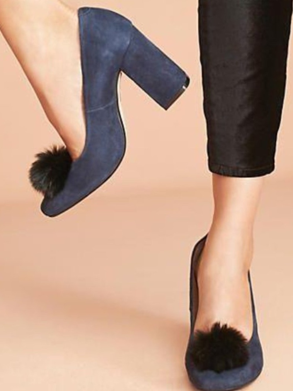 Anthropologie Navy Suede Heels with Pom-Poms, sz 37 NEW